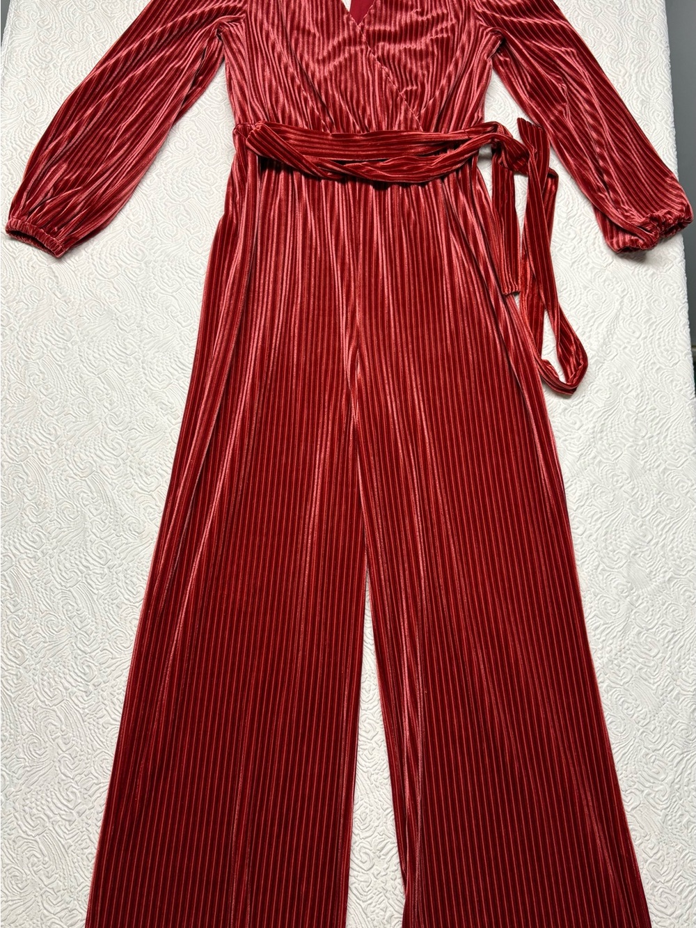 ALI & JAY Red Velvet Pleated Wrap Jumpsuit with Tie Waist